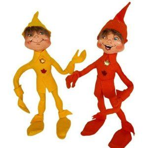 (2) ANNALEE 10" Orange Elf Helper & Yellow Elf Helper Standing Elves Autumn Fall